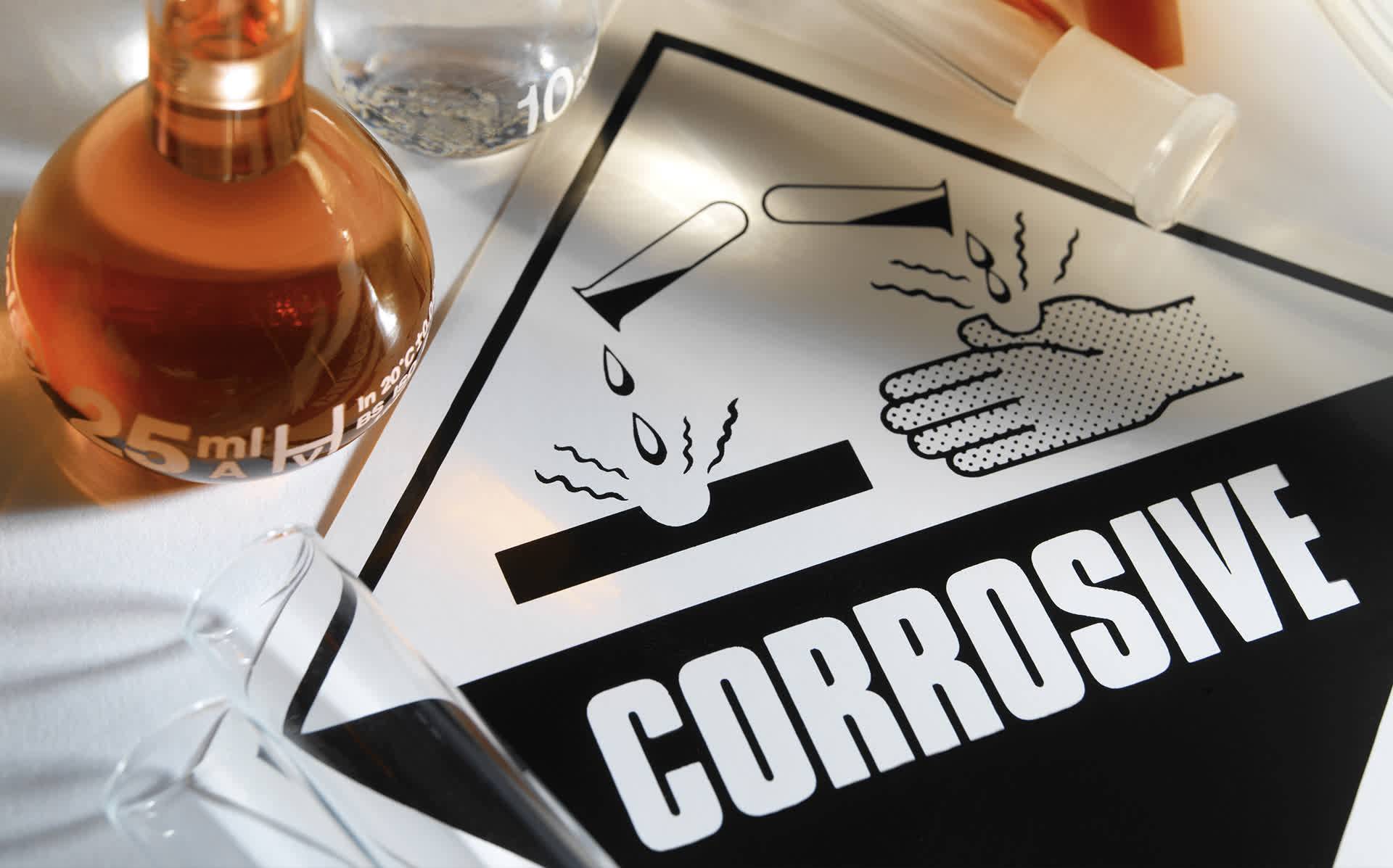 Placa de advertência de produto corrosivo ao lado de um vidro químico de balão de fundo chato de capacidade de 25 mililitros Placa de advertência de produto corrosivo ao lado de um vidro químico de balão de fundo chato de capacidade de 25 mililitros